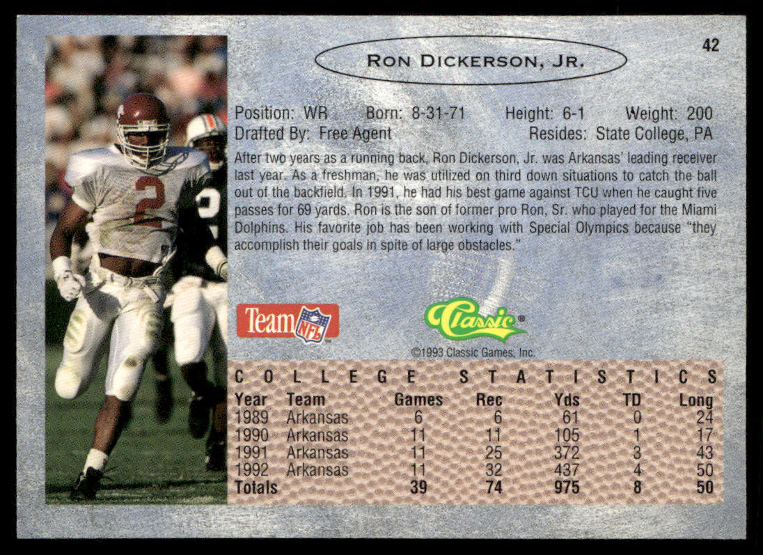 Ron Dickerson 1993 Classic #42 Arkansas Razorbacks