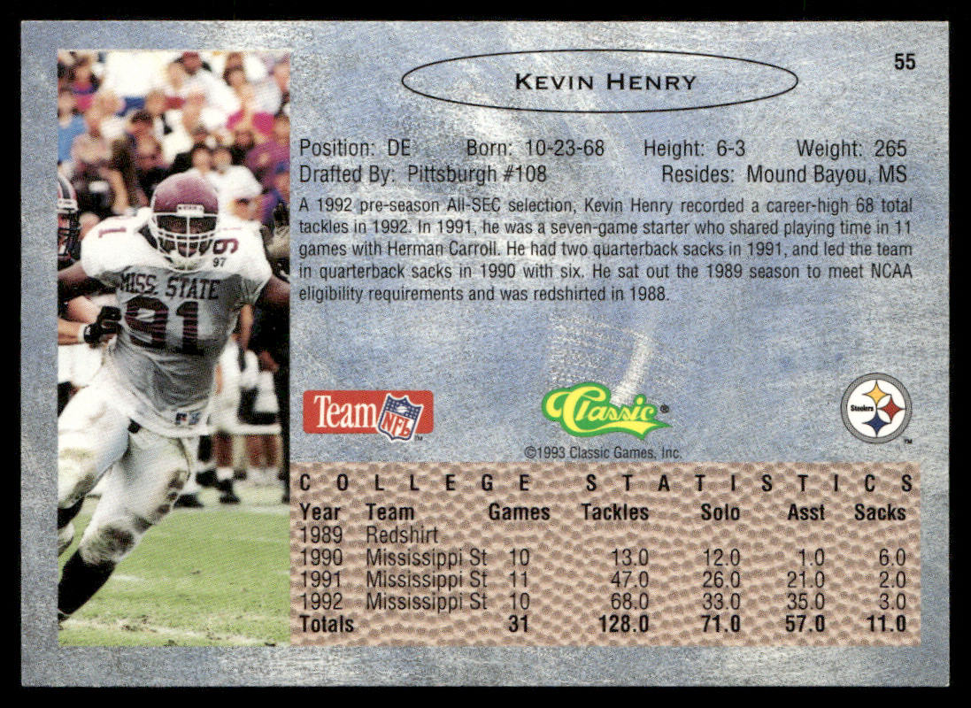Kevin Henry 1993 Classic #55 Pittsburgh Steelers