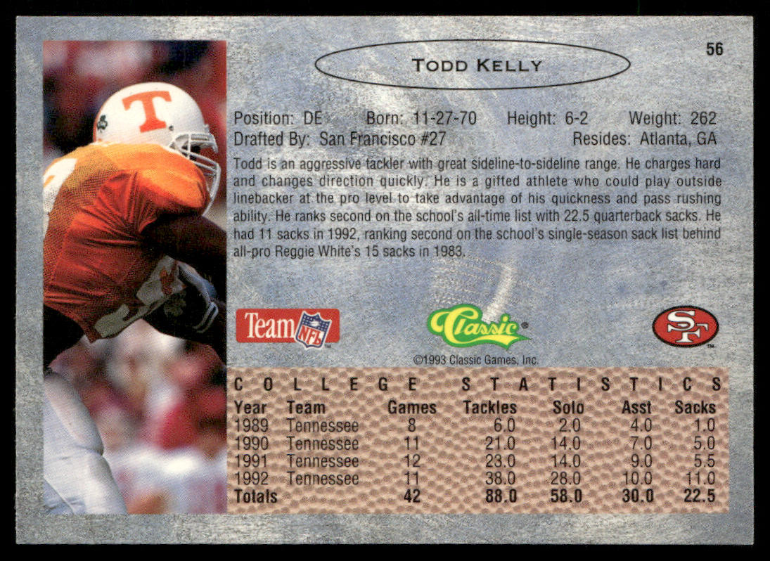 Todd Kelly 1993 Classic #56 San Francisco 49ers