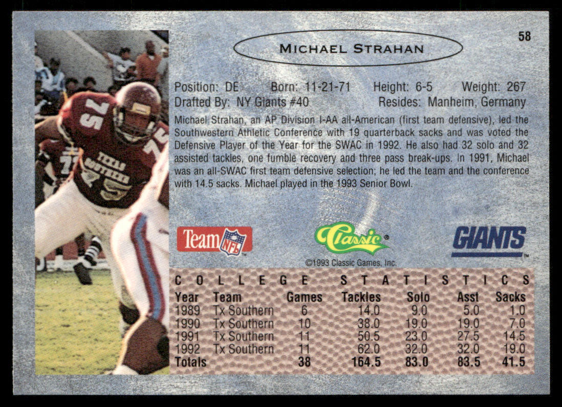 Michael Strahan 1993 Classic #58 New York Giants