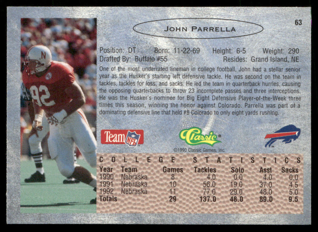 John Parrella 1993 Classic #63 Buffalo Bills