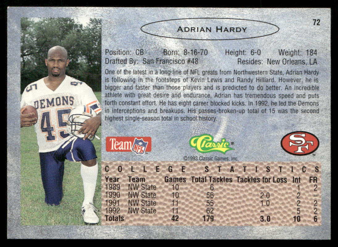 Adrian Hardy 1993 Classic #72 San Francisco 49ers