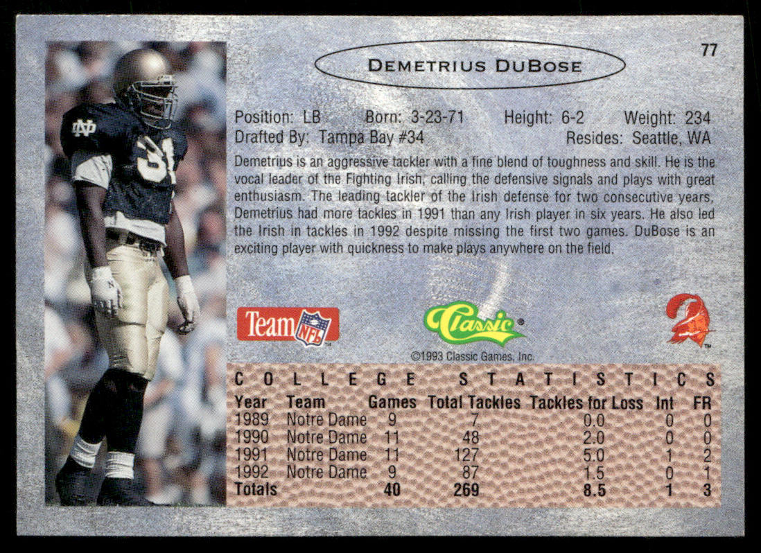 Demetrius DuBose 1993 Classic #77 Tampa Bay Buccaneers