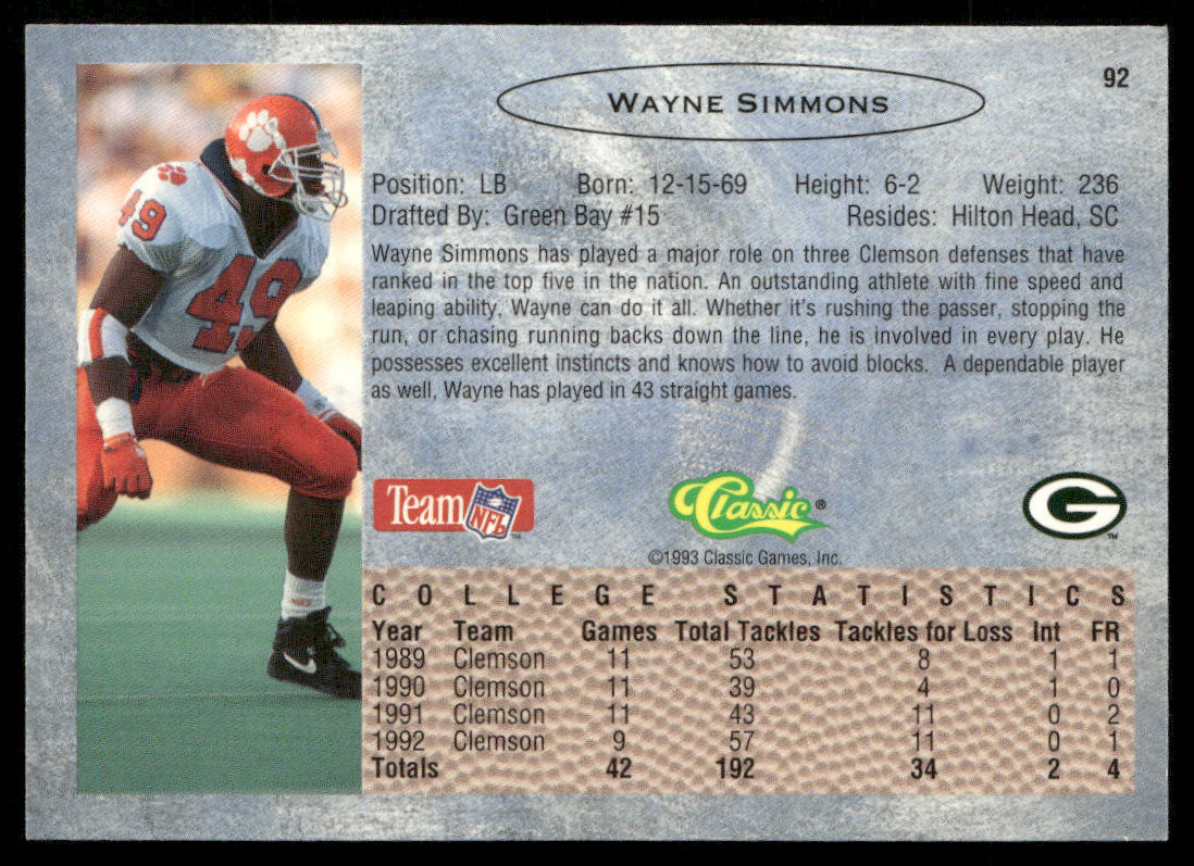 Wayne Simmons 1993 Classic #92 Green Bay Packers