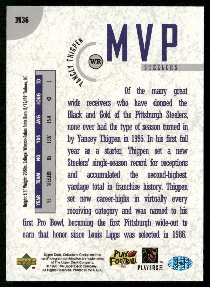 Yancey Thigpen 1996 Collector's Choice MVPs #M36 Pittsburgh Steelers