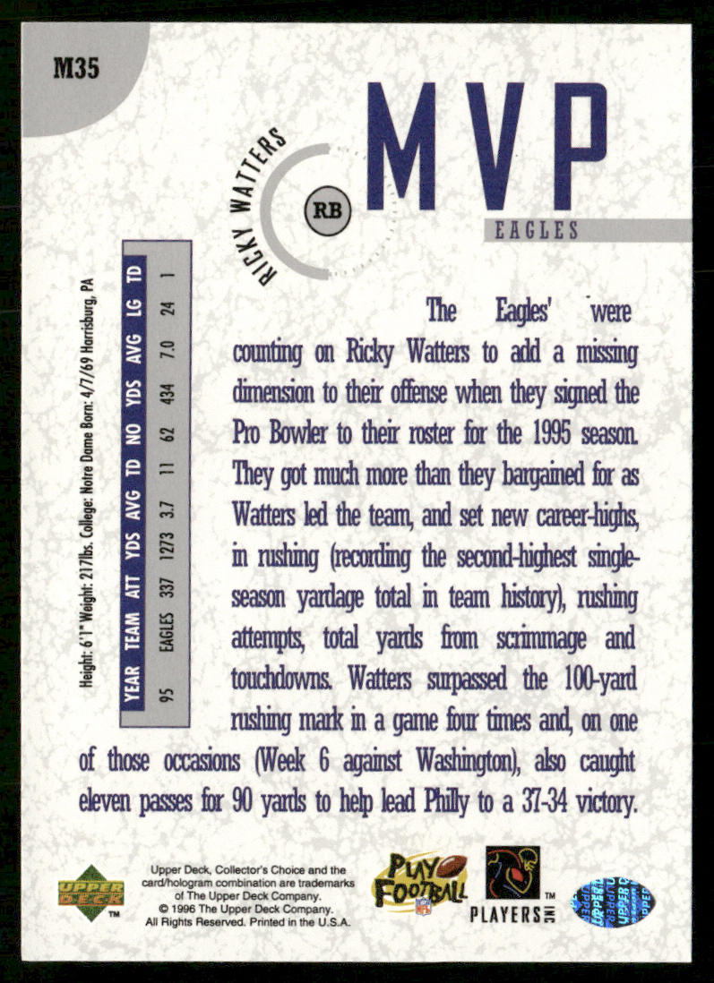 Ricky Watters 1996 Collector's Choice MVPs #M35 Philadelphia Eagles