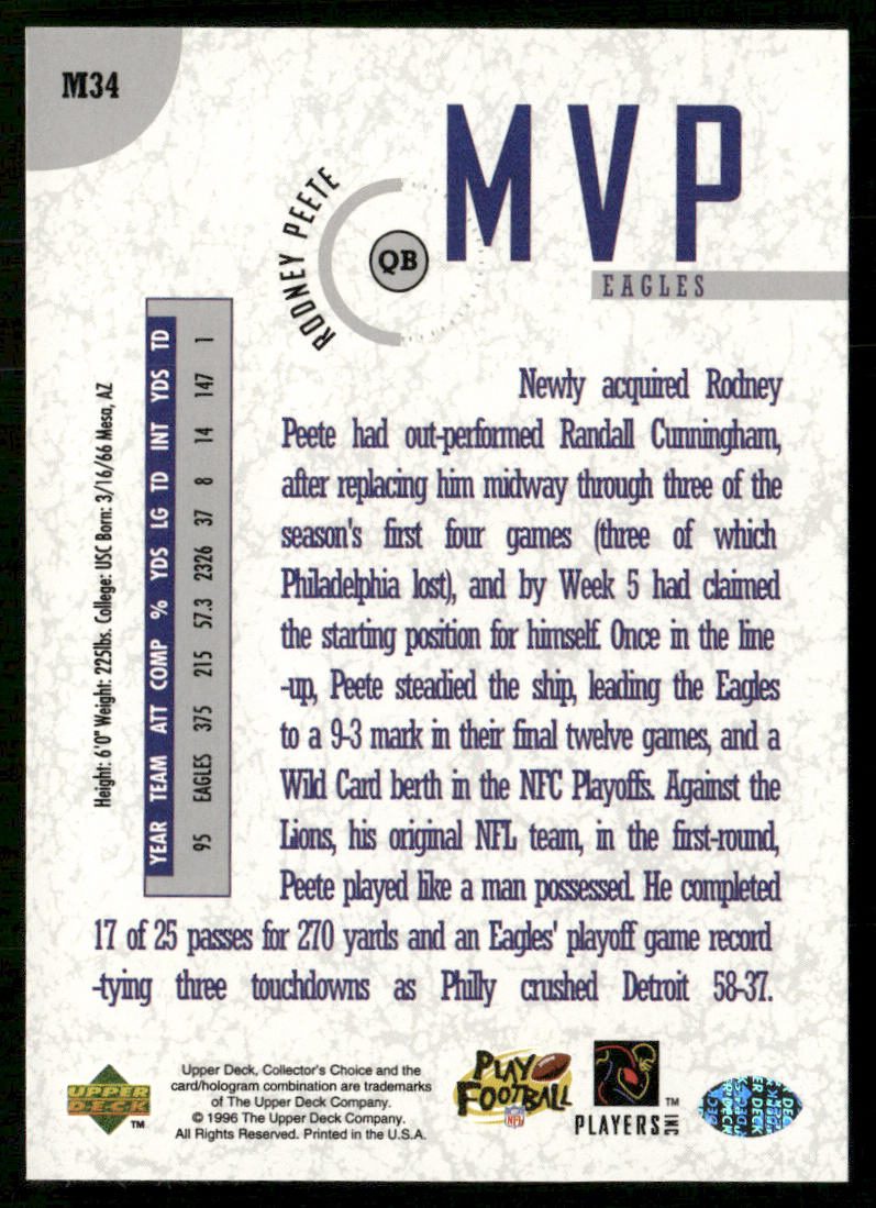 Rodney Peete 1996 Collector's Choice MVPs #M34 Philadelphia Eagles
