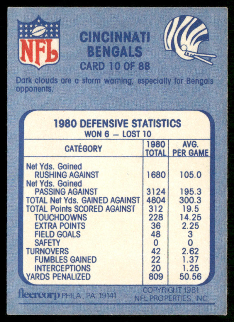 Black Cloud 1981 Fleer Team Action #10 Cincinnati Bengals