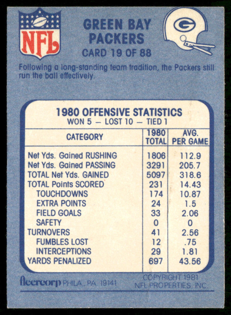 A Packer Packs the Pigskin 1981 Fleer Team Action #19 Green Bay Packers