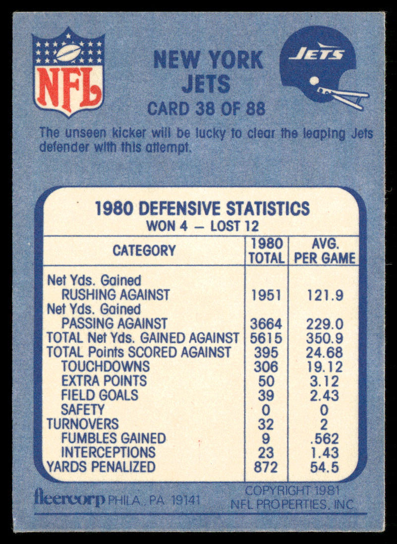 Airborne 1981 Fleer Team Action #38 New York Jets