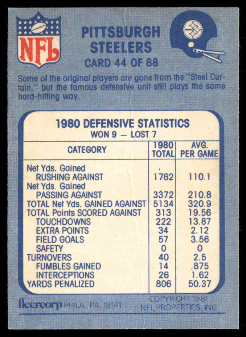 Like a Steel Trap 1981 Fleer Team Action #44 Pittsburgh Steelers