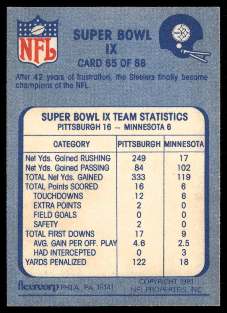 Super Bowl IX 1981 Fleer Team Action #65