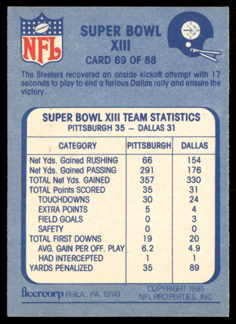 Super Bowl XIII 1981 Fleer Team Action #69