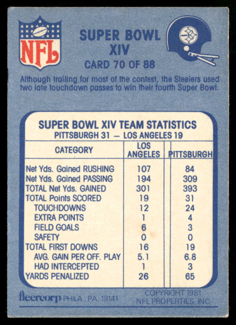Super Bowl XIV 1981 Fleer Team Action #70