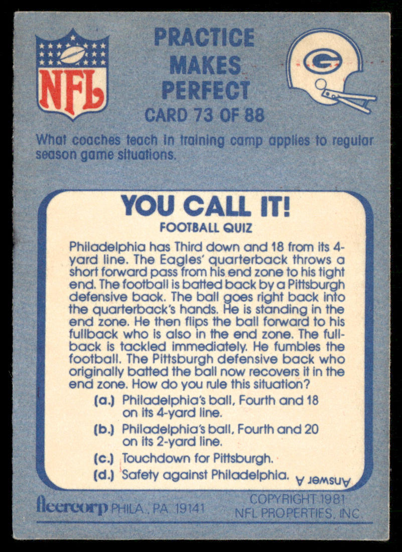 Practice Makes Perfect 1981 Fleer Team Action #73 Green Bay Packers