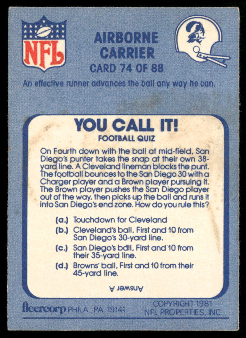 Airborne Carrier 1981 Fleer Team Action #74 Tampa Bay Buccaneers