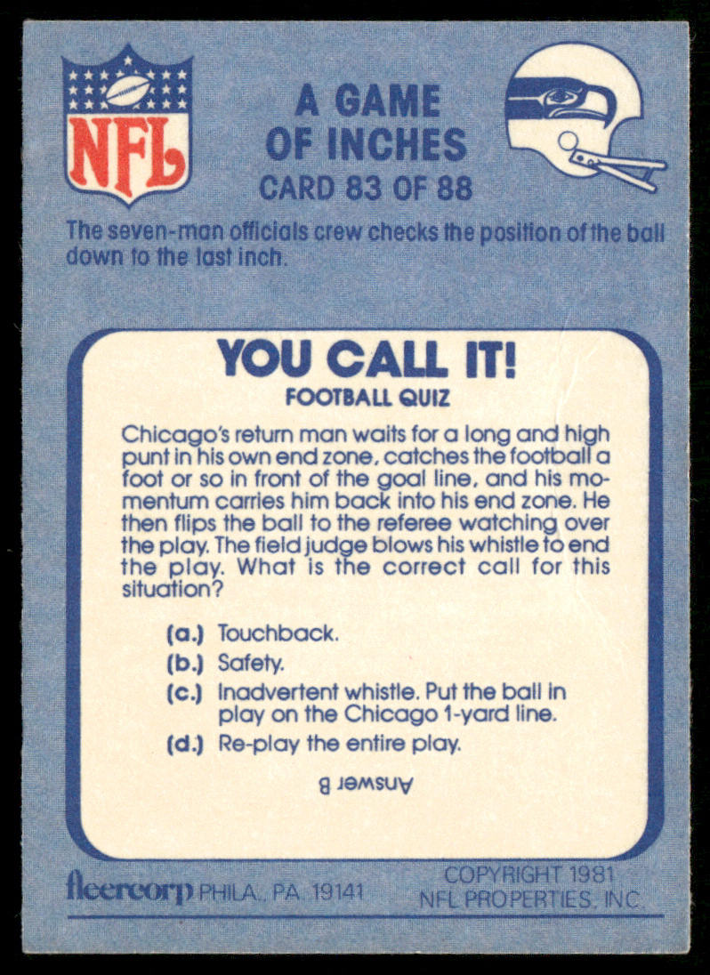 A Game of Inches 1981 Fleer Team Action #83 Seattle Seahawks