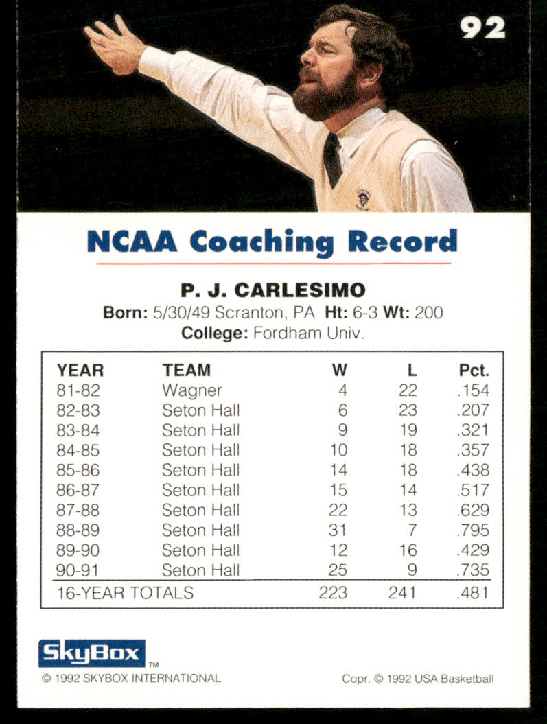 P.J. Carlesimo 1992 SkyBox USA #92 USA