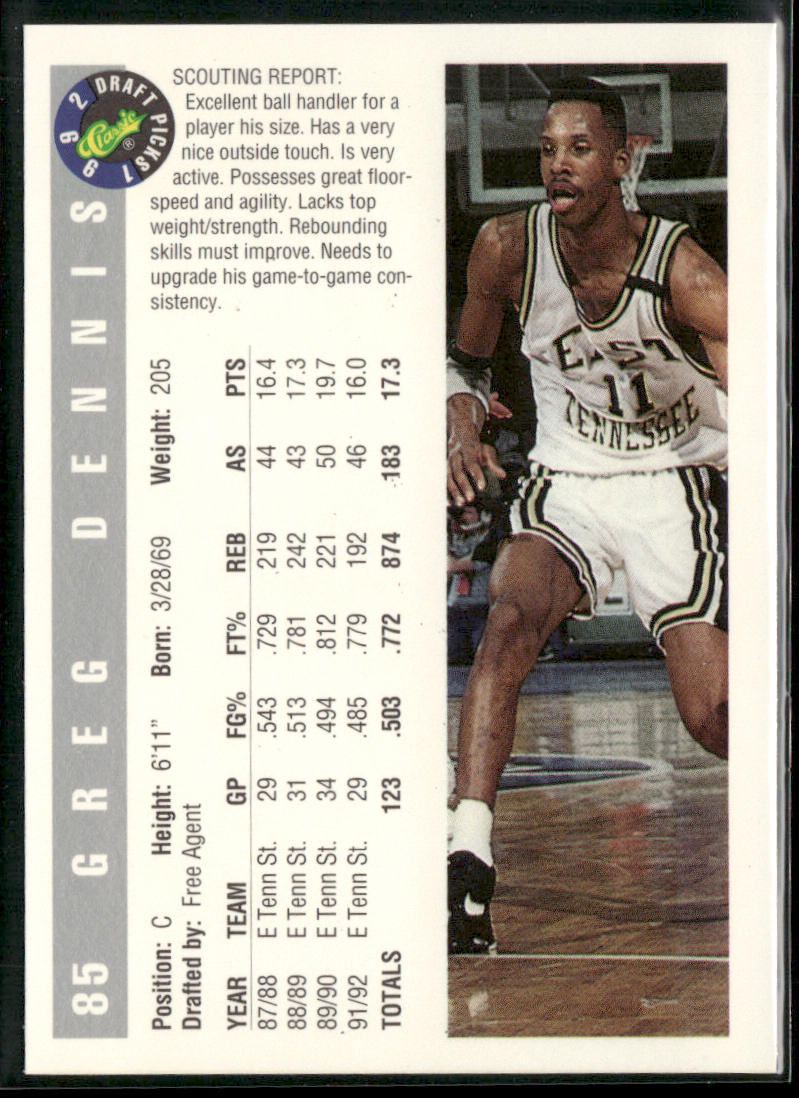 Greg Dennis 1992 Classic Draft Picks #85 East Tennessee State Buccaneers