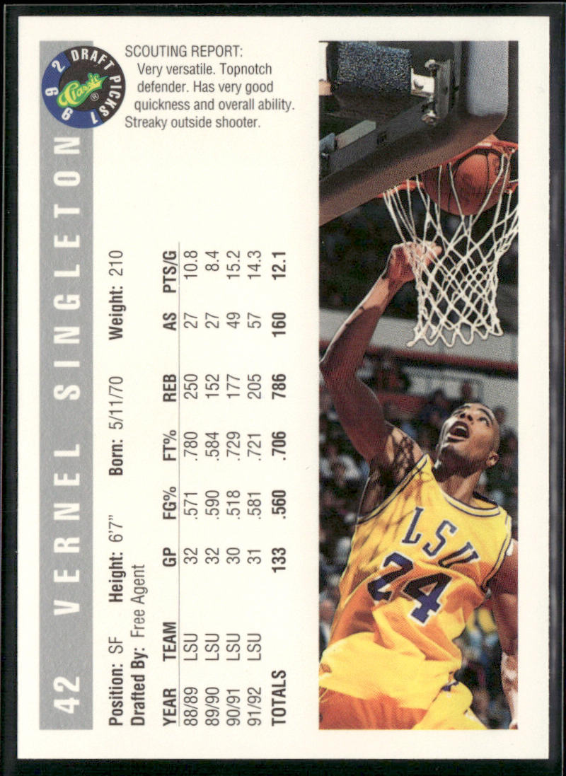 Vernel Singleton 1992 Classic Draft Picks #42 LSU Tigers