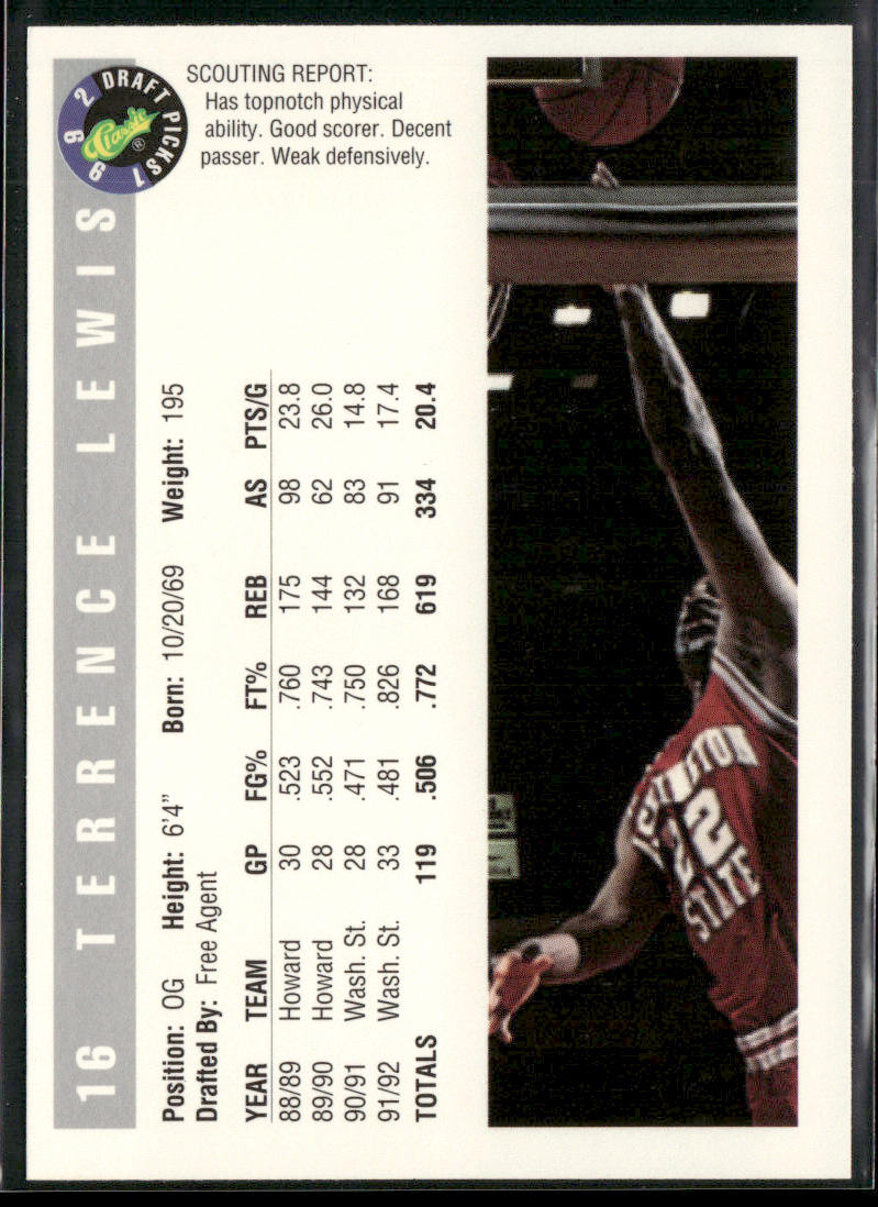 Terrence Lewis 1992 Classic Draft Picks #16 Washington State Cougars