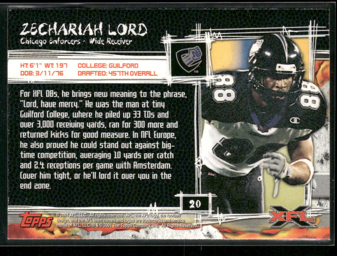 Zechariah Lord 2001 Topps XFL #20 Chicago Enforcers