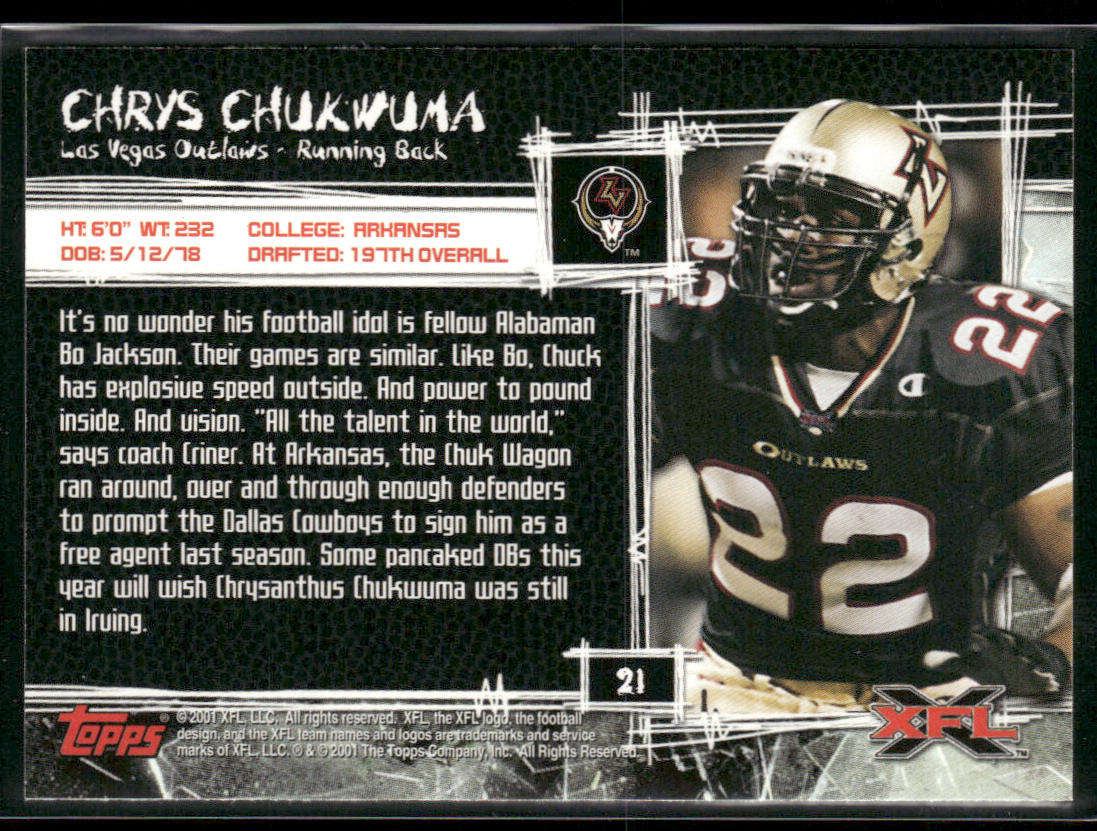 Chrys Chukwuma 2001 Topps XFL #21 Las Vegas Outlaws