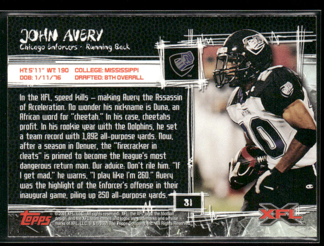 John Avery 2001 Topps XFL #31 Chicago Enforcers