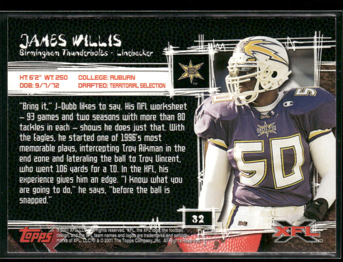 James Willis 2001 Topps XFL #32 Birmingham Thunderbolts