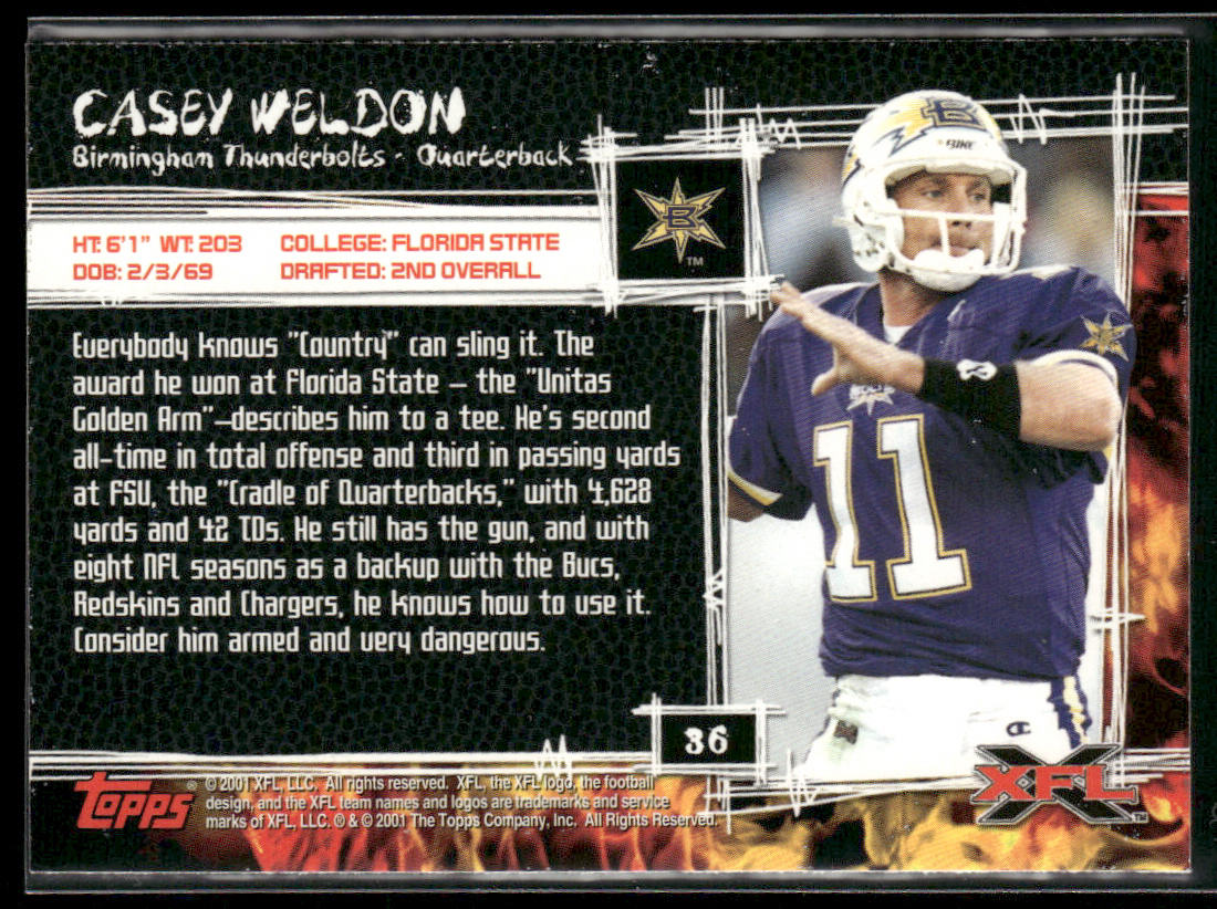 Casey Weldon 2001 Topps XFL #36 Birmingham Thunderbolts