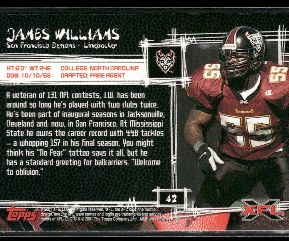 James Williams 2001 Topps XFL #42 San Francisco Demons