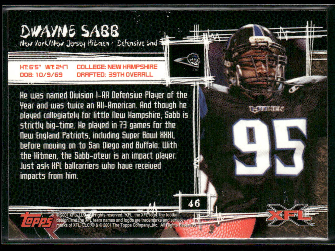 Dwayne Sabb 2001 Topps XFL #46 New York-New Jersey Hitmen