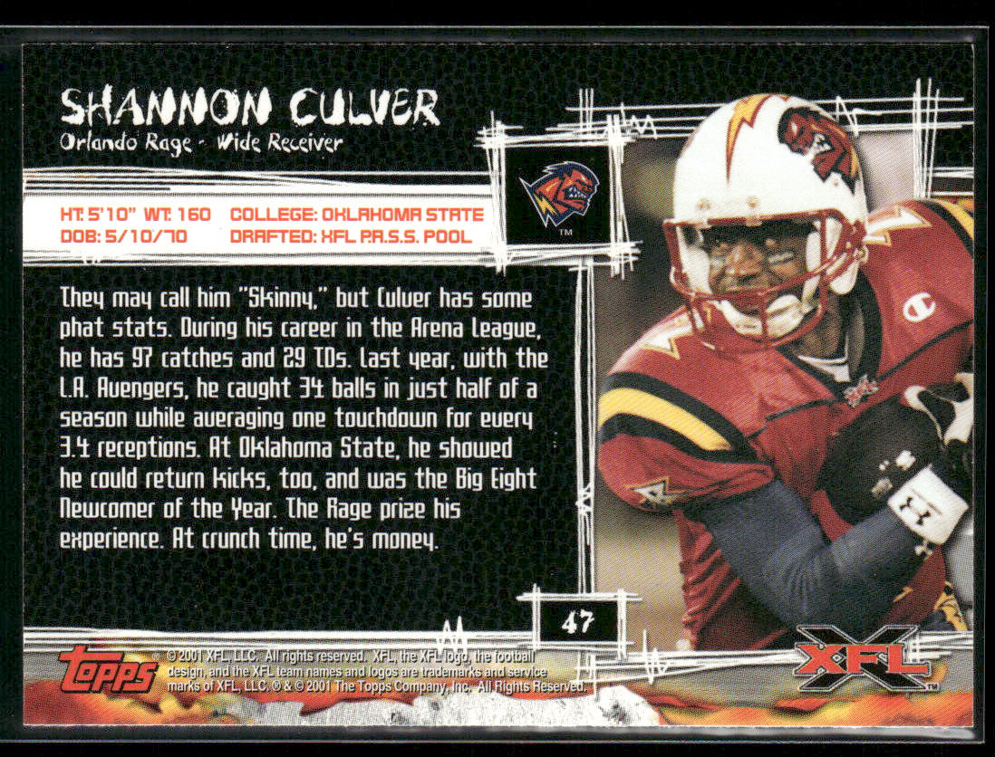 Shannon Culver 2001 Topps XFL #47 Orlando Rage