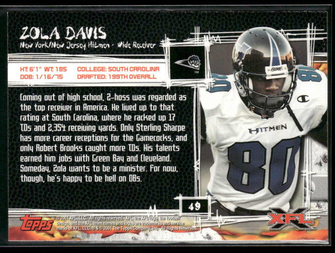 Zola Davis 2001 Topps XFL #49 New York-New Jersey Hitmen