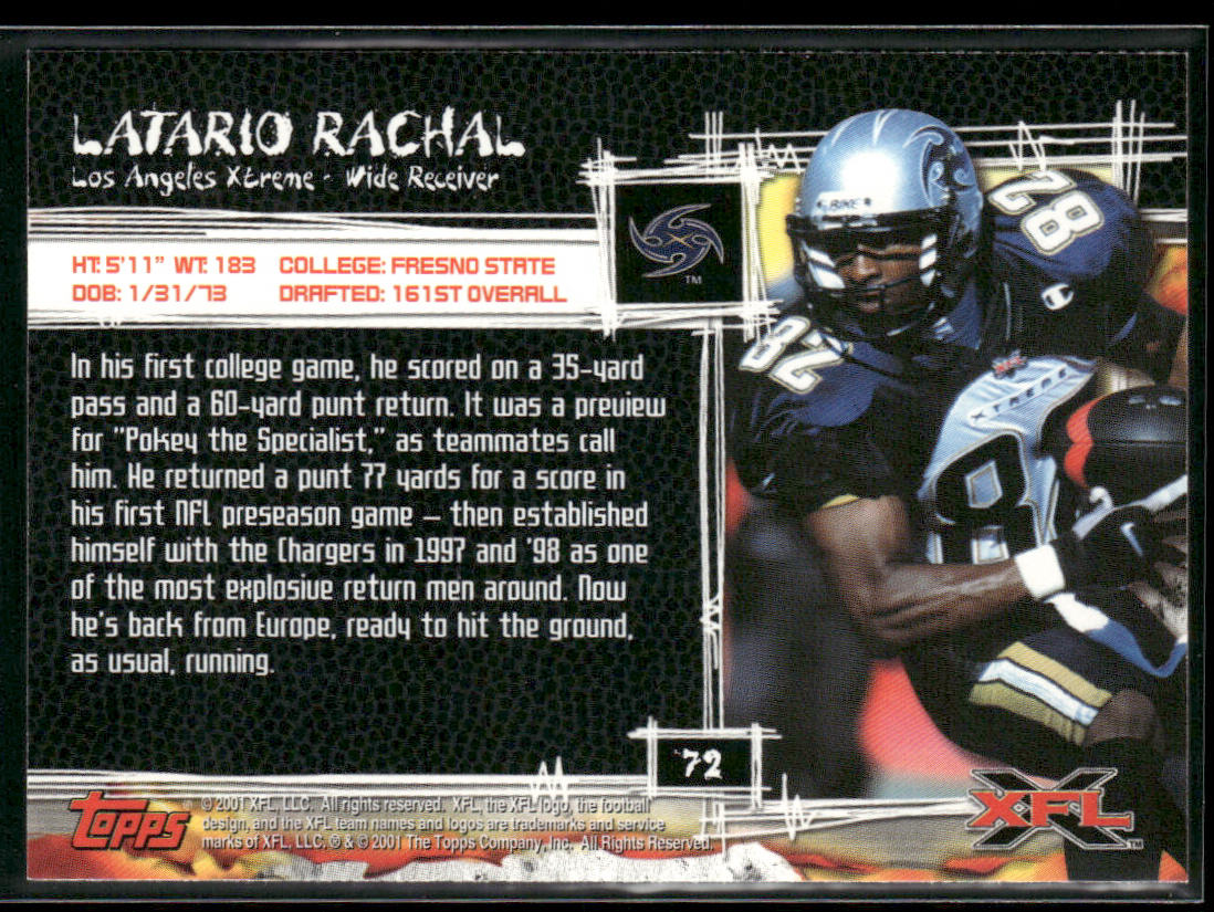 Latario Rachal 2001 Topps XFL #72 Los Angeles Xtreme