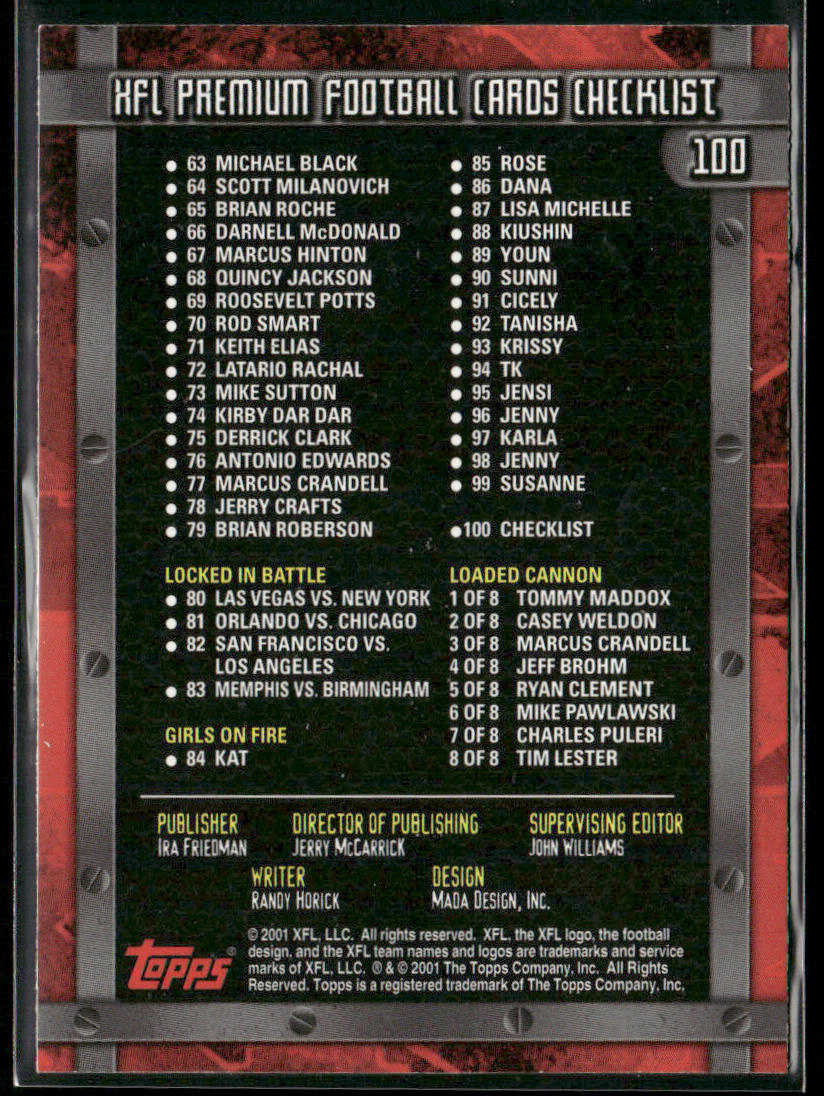 Checklist 2001 Topps XFL #100