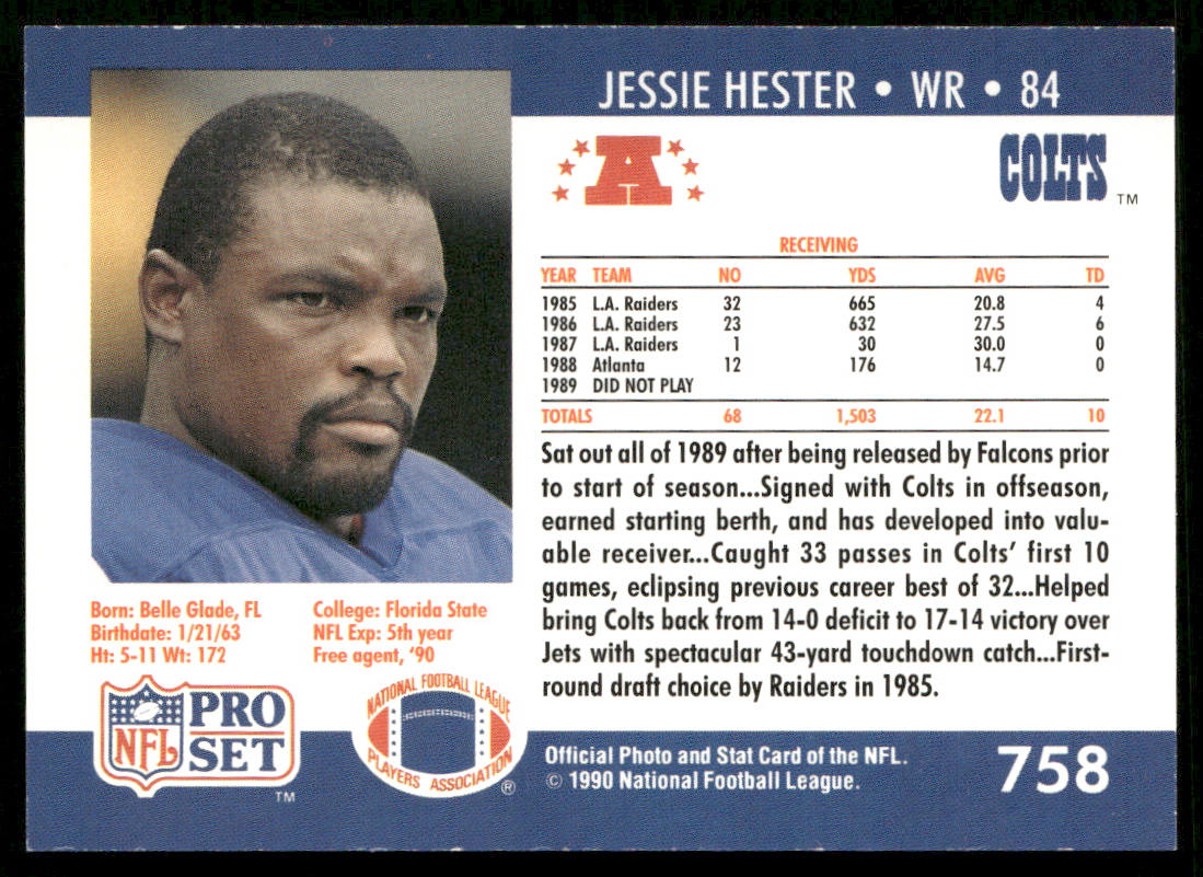 Jessie Hester 1990 Pro Set #758 RC Indianapolis Colts
