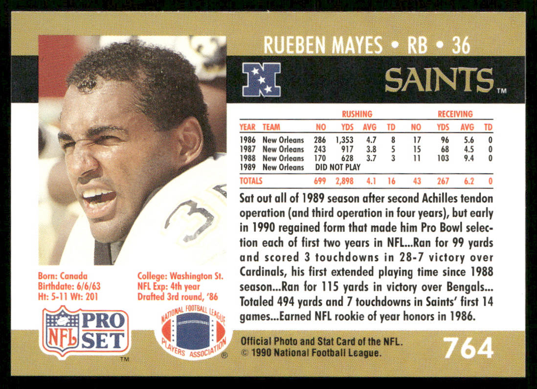 Rueben Mayes 1990 Pro Set #764 New Orleans Saints