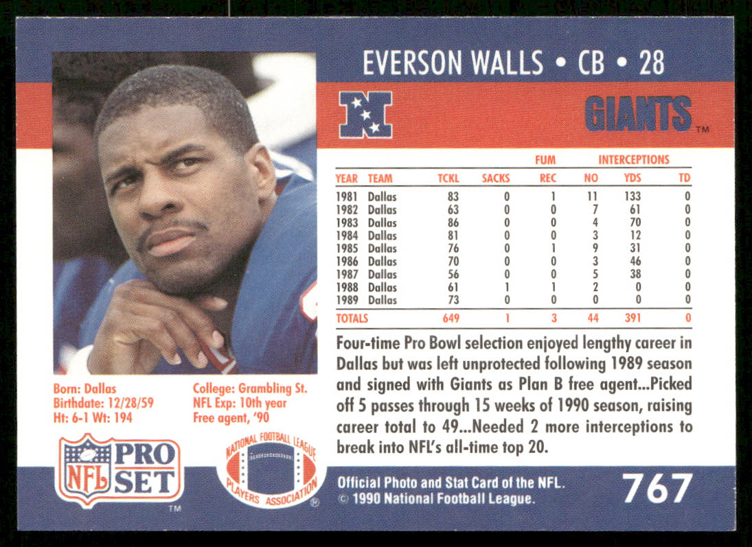 Everson Walls 1990 Pro Set #767 New York Giants