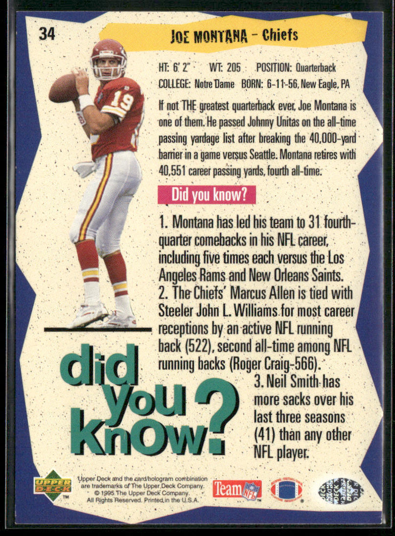 Joe Montana 1995 Collector's Choice Player's Club #34 Kansas City Chiefs