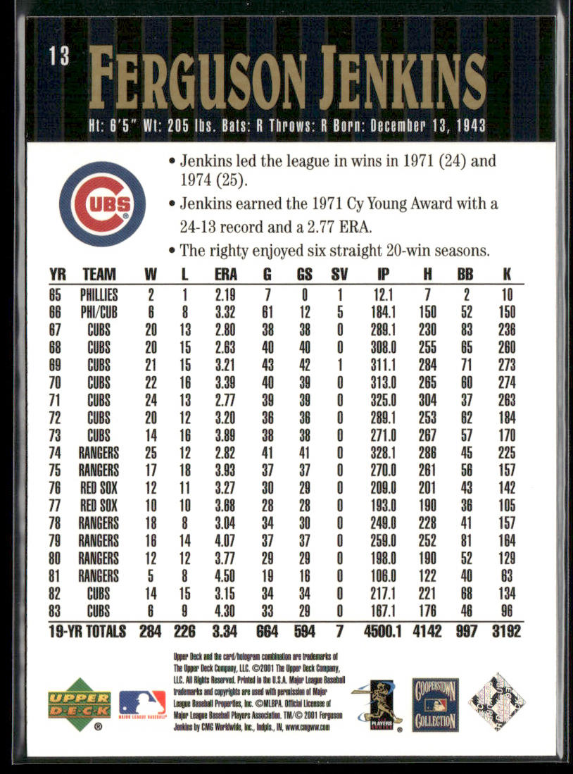 Ferguson Jenkins 2001 Upper Deck Hall of Famers #13 Chicago Cubs