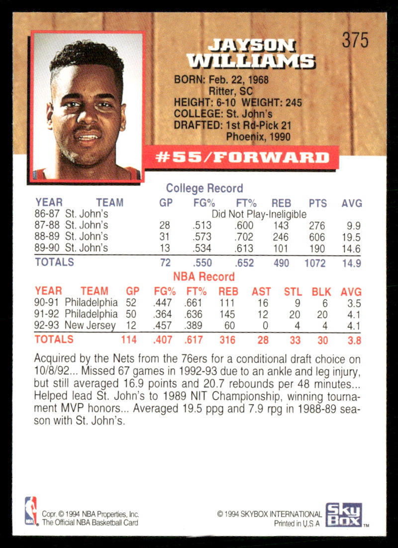1993-94 Hoops #375 Jayson Williams
