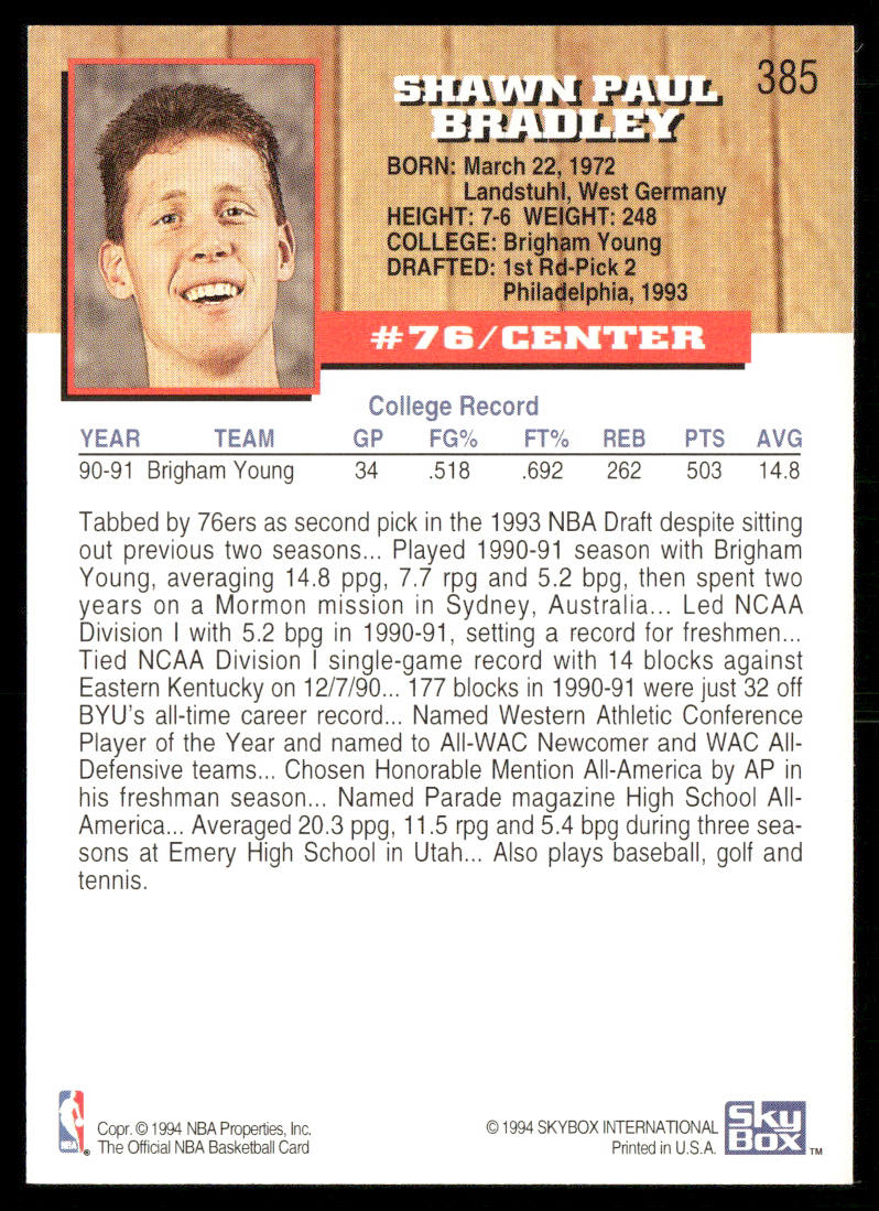 1993-94 Hoops #385 Shawn Bradley