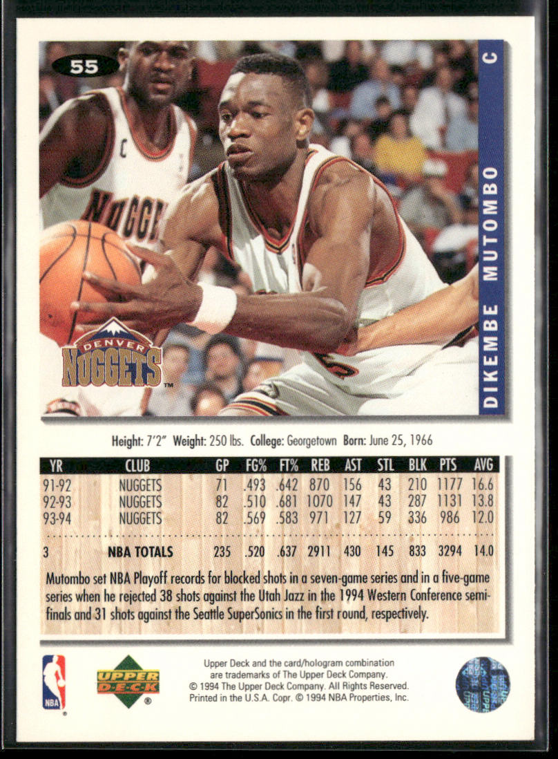 Dikembe Mutombo 1994-95 Collector's Choice #55 Denver Nuggets