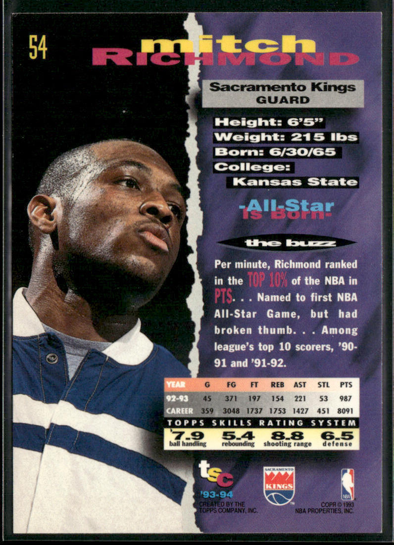 Mitch Richmond 1993-94 Stadium Club #54 Sacramento Kings