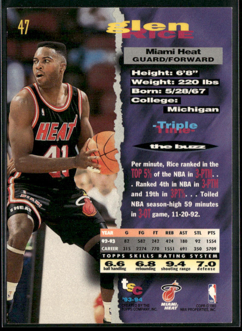 Glen Rice 1993-94 Stadium Club #47 Miami Heat