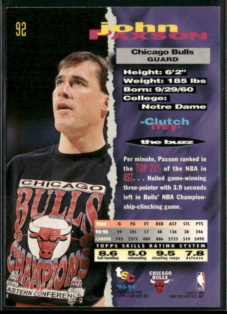 John Paxson 1993-94 Stadium Club #92 Chicago Bulls