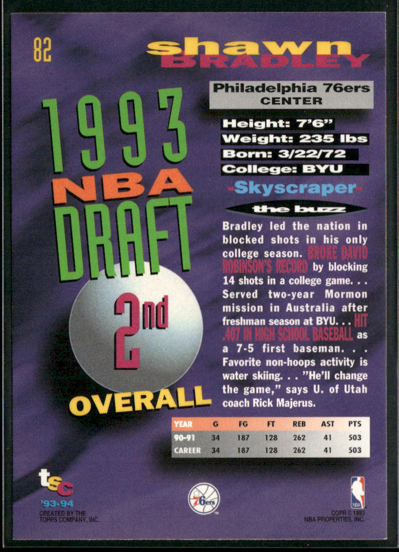 Shawn Bradley 1993-94 Stadium Club #82 RC Philadelphia 76ers