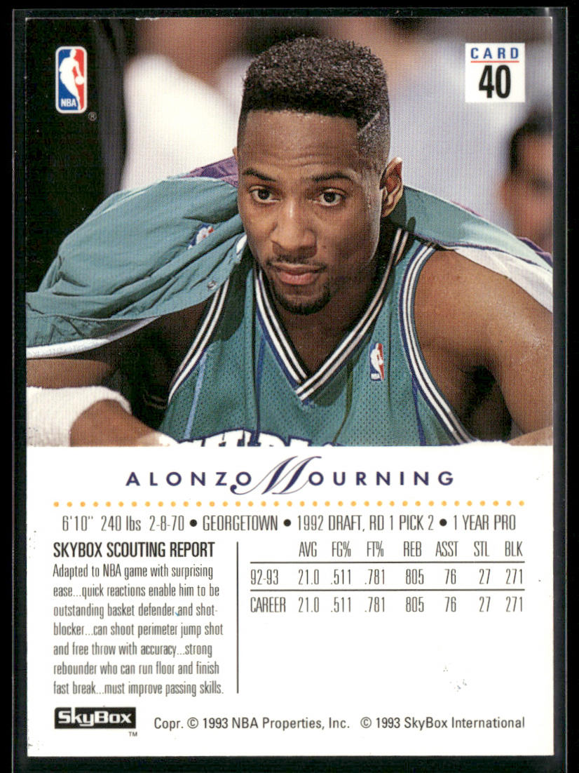 Alonzo Mourning 1993-94 SkyBox Premium #40 Charlotte Hornets