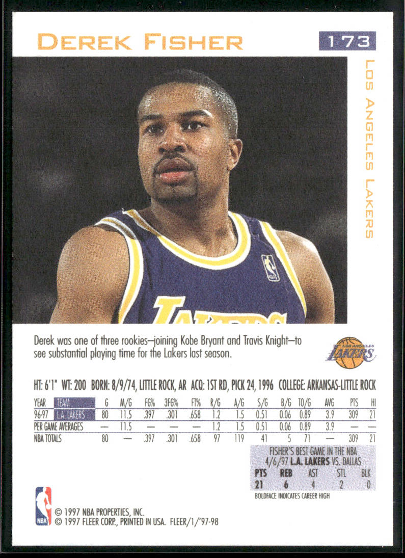 Derek Fisher 1997-98 Fleer #173 Los Angeles Lakers